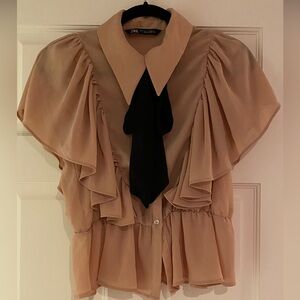 Zara Ruffle Blouse with Black Bow in Blush Size L